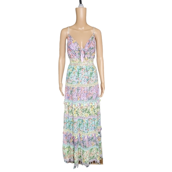 Alice + Olivia Karolina Tie Front Maxi Dress in Coastal Gardens Lavender Size 12 - Picture 5 of 15